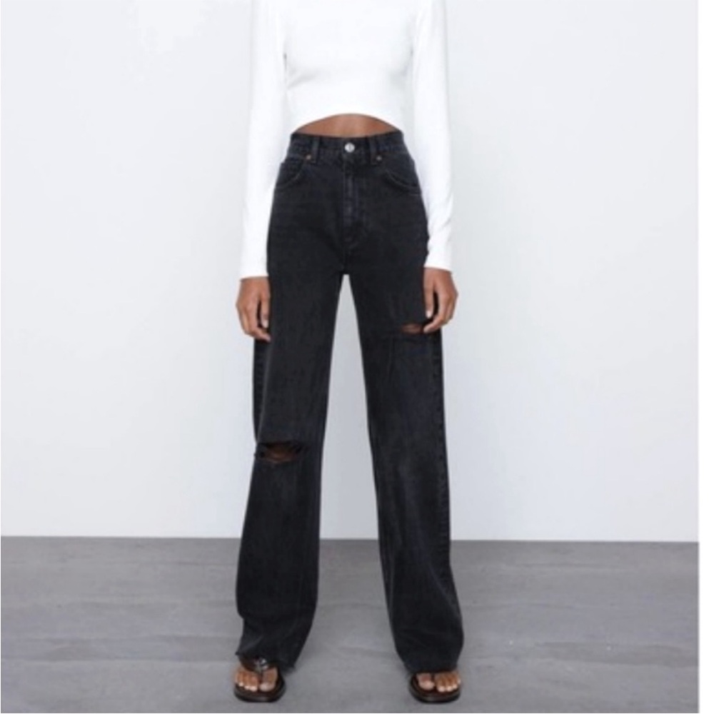 Zara Women's High Rise Full Length Wide Leg Distressed Jeans - Size: 2 - NWT